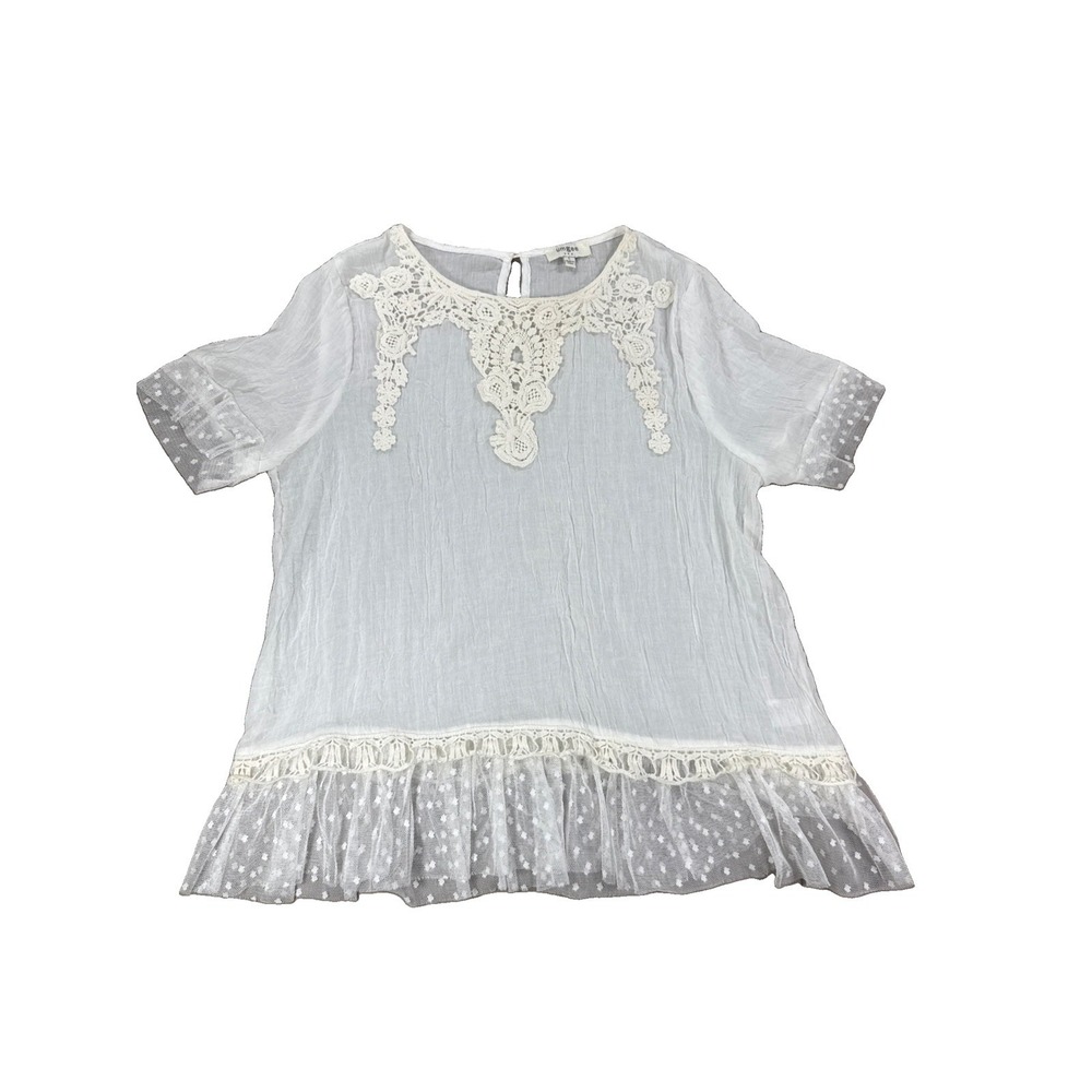 Umgee Top Women's L Ivory Gauze Crochet Lace Boho Peasant Hippie Short Sleeve